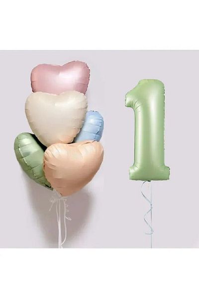 DÜVENCİ TİCARET 5 Pieces Water GreenRetroHeart Patterned Foil Balloon Bouquet Set - Ornament for Birthday