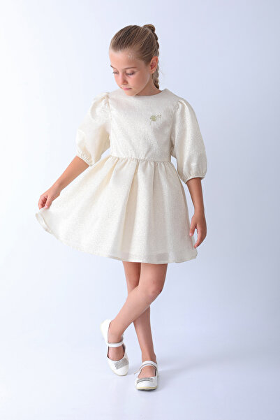 piamini Sarı Jakarlı  Kumaş Kız Çocuk Parti Elbisesi