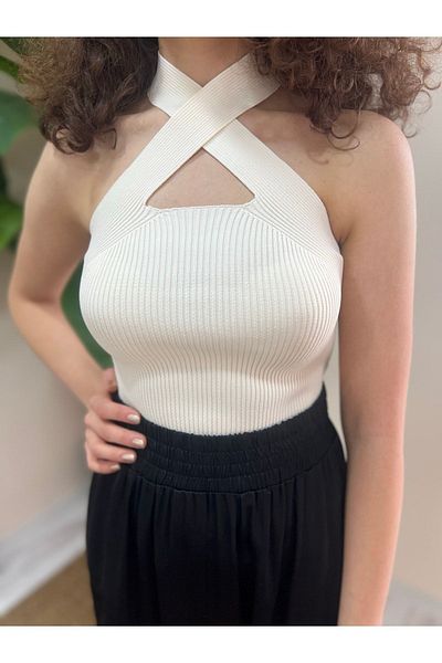 OlaFre Cross Collar Detailed Strappy Blouse