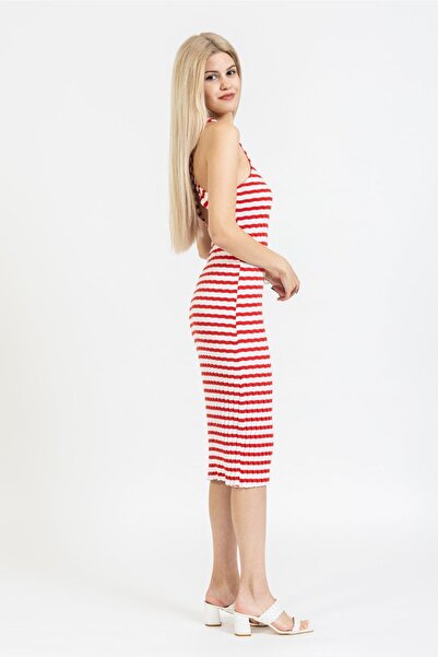 OlaFre Red-white Stretchy Striped Dress with Back Detail