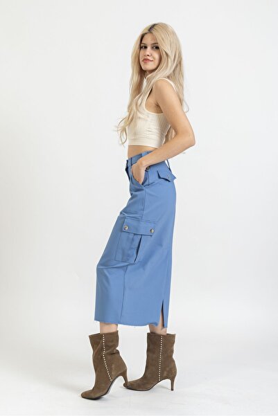 OlaFre Premium Slit Detailed Midi Length Cargo Skirt, Long Skirt, Buttoned, Stylish