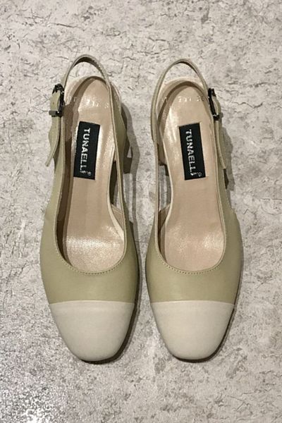 TUNAELLİ Pantofi cu toc de damă, bej, verde, din piele naturală, mărimea 35-41