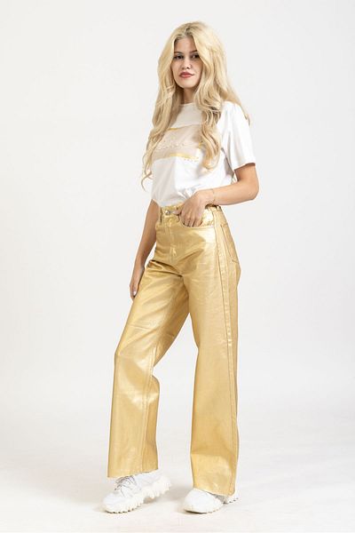 OlaFre Pantaloni cu picioare late din folie, pantaloni din material strălucitor, picioare largi, stil streetwear