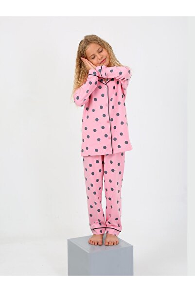 vitmo Kız Çocuk Uzun Kollu %100 Pamuklu Düğmeli Pijama Takımı Soft