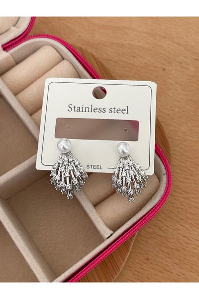 JELLY V Model Vintage Design Women's Earrings - Steel Zircon Stone and Pearl