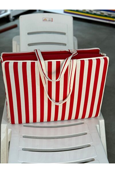 DÜŞLER EV TEKSTİLİ Kırmızı Beyaz Çizgili Plaj Çantası (ŞEZLONG MİNDERİ)