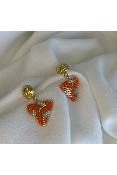 Baykuşca Orange - Gold - Cream Colored Triangle and Dangle Miyuki Earrings