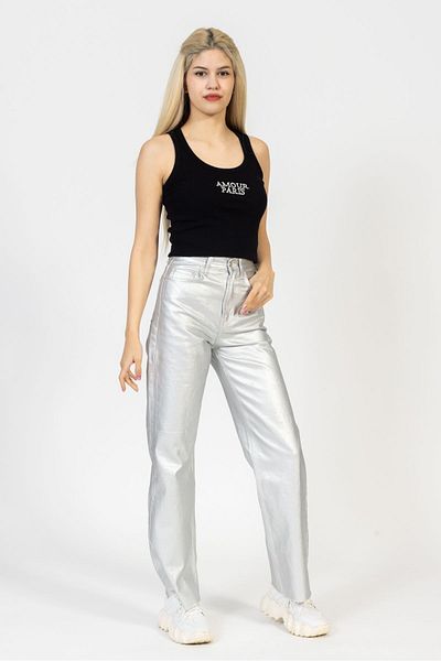 OlaFre Tricou de bază cu nervuri brodate, bluză solidă, tricou din bumbac cu scris Amour Paris