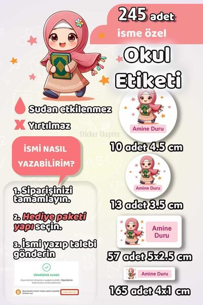 Sticker Ekspres Okul Etiketi Kur'an Tutan Kız Kalem Defter Etiketi 245 Adet İ...
