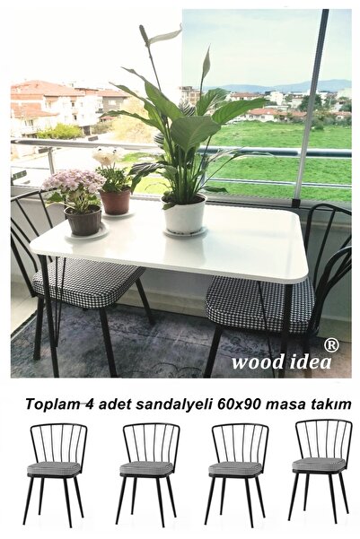wood idea 60x90 metal ayaklı 4 sandalyeli yemek, balkon ve mutfak masa takımı