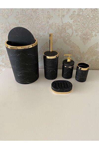 Trend Banyo Mutfak طقم حمام مكون من 5 قطع بنمط رخامي / حامل فرشاة المرحاض، سائل - طبق صابون صلب، سلة المهملات، حامل فرشاة الأسنان