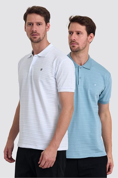 COMBİNE MİCHAİL Ανδρικό μπλουζάκι Polo Neck Slim Fit - 100% βαμβάκι, 2 τεμαχίων, λευκό μπλε - BEDDY