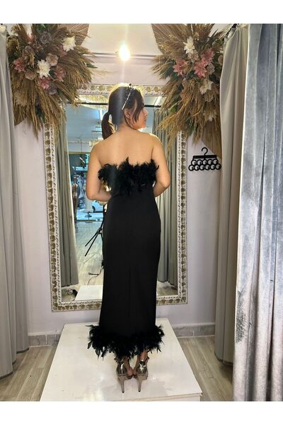 bm atelier midi boy yırtmaçlı siyah abiye tüylü