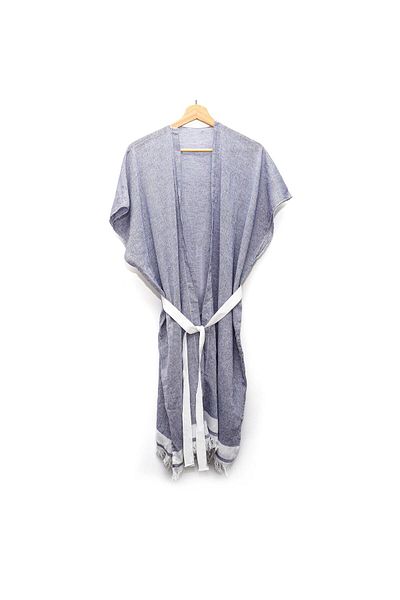 Missi Gray Cotton White Belted Peshtemal Kimono