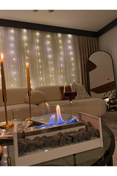 Lampello Masa Üstü Şömine Beyaz Yk - Siyah Taşlı , Mobilya Üstü Yakıt Hediyeli