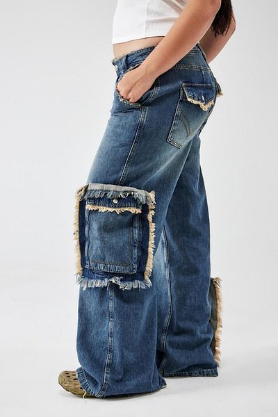 september island Vintage Fringe Detailed Cargo Jeans Trousers