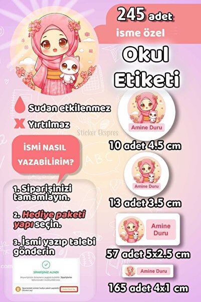 Sticker Ekspres Okul Etiketi Şirin Kız Ve Kedisi Kalem Defter Etiketi 245 Ade...