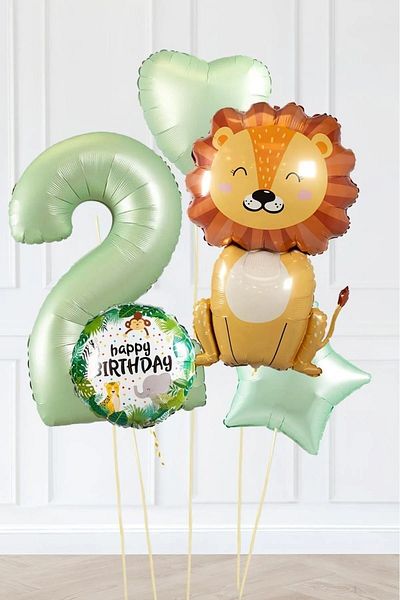DÜVENCİ TİCARET Birthday Green Retro Safari Balloons - Cute Lion Party Set