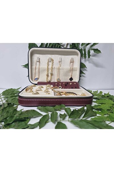 Genel Markalar Büyük Boy Bölmeli Düzenleyici Takı Saklama Kutusu Ve Seyahat Çantası Ahşap Bordo (21X14.5X5)