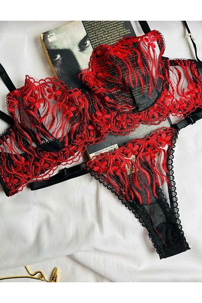 Olivia Red Black Daisy Patterned Adjustable Clasp Women's Bralette and Bra Set - BRODE - WIRE