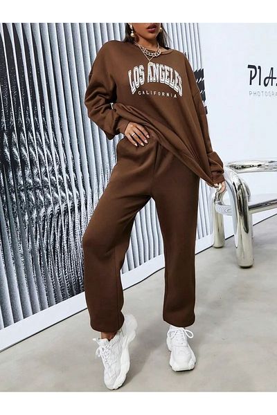 QUEENSTOWN Los Angeles Printed - Σετ φόρμας καφέ Oversize, Crew Neck, 3 νήματα