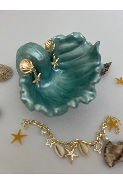 Love Candle Dekor Parlak Su Yeşili İstiridye Takı Tabağı, Deniz Kabuğu Sunuml...