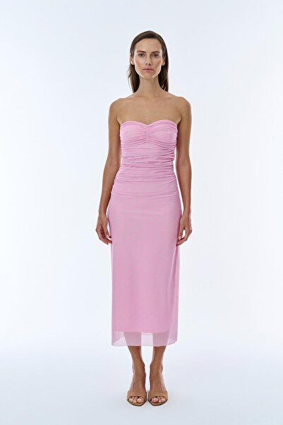 Quzu Straplez Tül Elbise Astarlı Pembe