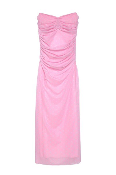 Quzu Straplez Tül Elbise Astarlı Pembe