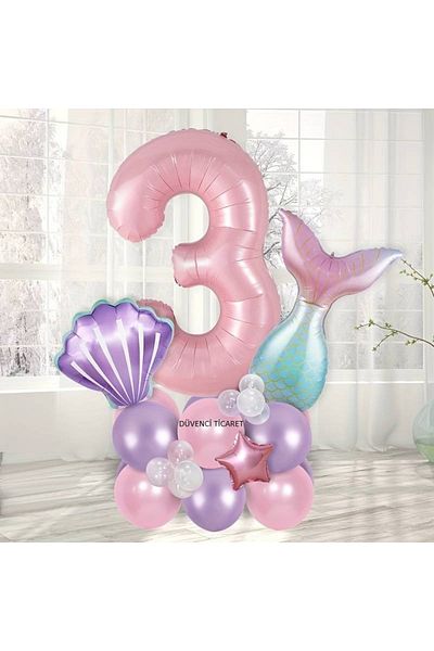 DÜVENCİ TİCARET 24 Pieces Mermaid Birthday - Ornament Shell Large Number Balloons Themed Parties