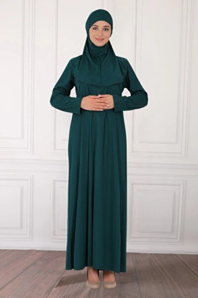 İncy Fermuarlı Tek Parça Kaymaz Başörtülü Pratik Namaz Elbisesi
