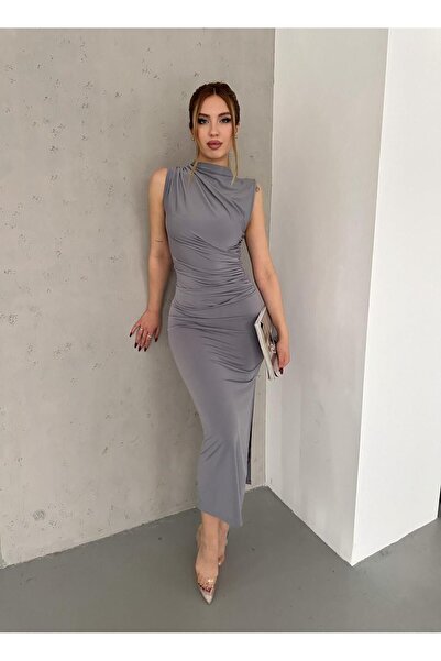 ZDABOUTİQUE Elegance Omuz Ve Bel Kısmı Drapeli Sıfır Kol Yırtmaç Detaylı Gri Elbise