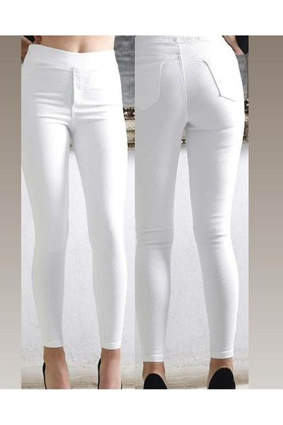 AZEM KOTÇU Women's White High Waist Elastic Lycra Jeans