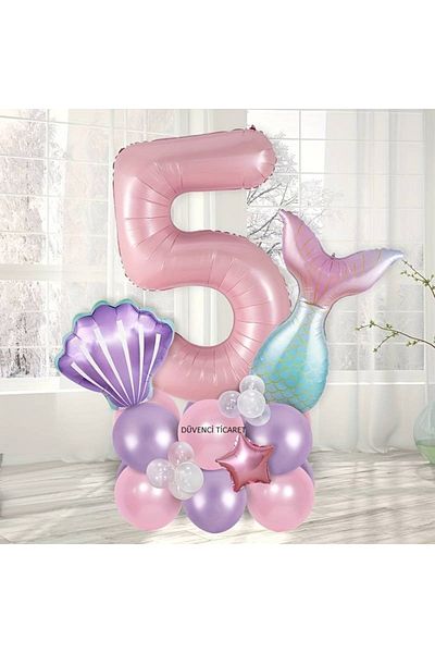 DÜVENCİ TİCARET 24 Pieces Mermaid Birthday - Ornament Shell Large Number Balloons Themed Parties