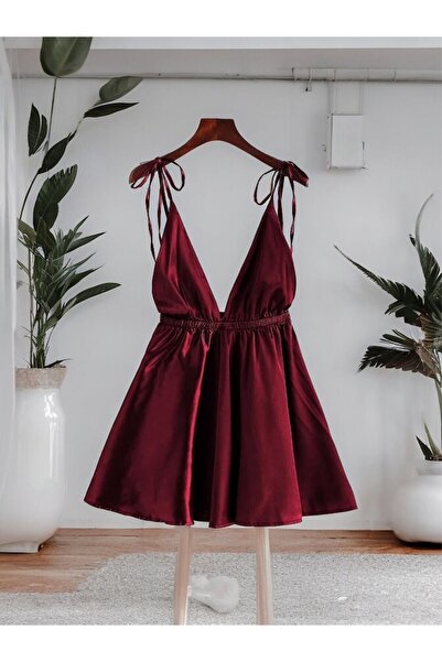 Bordo İp Askılı Saten Gecelik