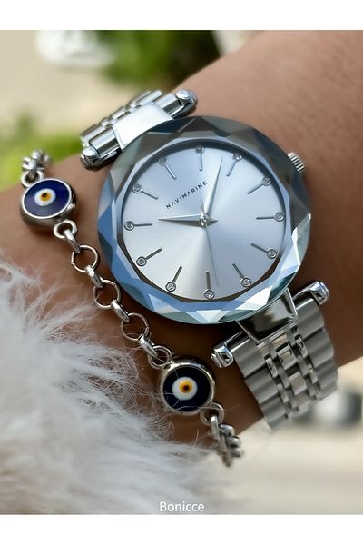 Navimarine Silver Colored Steel Band with Evil Eye Bead Women's Bracelet and Wristwatch Set