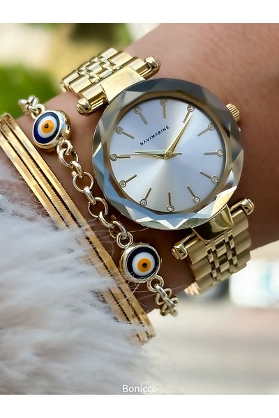 Navimarine Yellow Colored Steel Band with Evil Eye Beads Women's Bracelet and Wristwatch Set