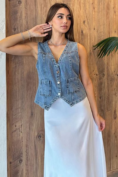 GÜLSELİ Vestă Jeans Denim - Albastru și cu buzunare