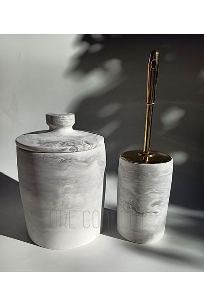 Ture Concept Marble Patterned Matte Bathroom Garbage Can & Toilet Brush