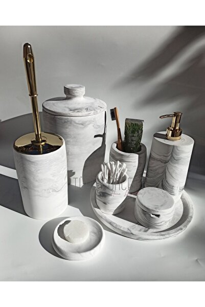 Ture Concept Σετ μπάνιου Marble Look Κάδος απορριμμάτων, βούρτσα τουαλέτας, δίσκος, θήκη σαπουνιού, βαμβακερή θήκη, θήκη για κελύφη