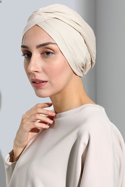 Vera Aura Ready Turban Bonnet χτενισμένη άμμος Beige Cross Banded Women's Hijab Bonnet Hijab Εξωτερικό καπό