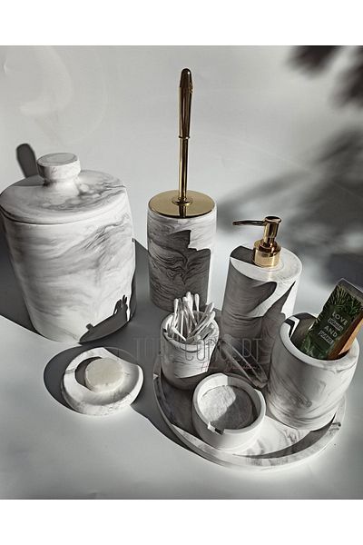 Ture Concept Marble Look Bathroom Set Trash Can, Toilet Brush, Tray, Soap Dish, Cotton Holder, Faucet Holder