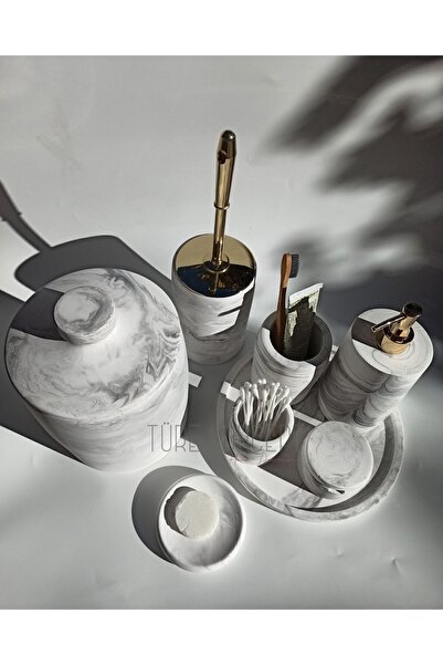 Ture Concept Σετ μπάνιου Marble Look Κάδος απορριμμάτων, βούρτσα τουαλέτας, δίσκος, θήκη σαπουνιού, βαμβακερή θήκη, θήκη για κελύφη