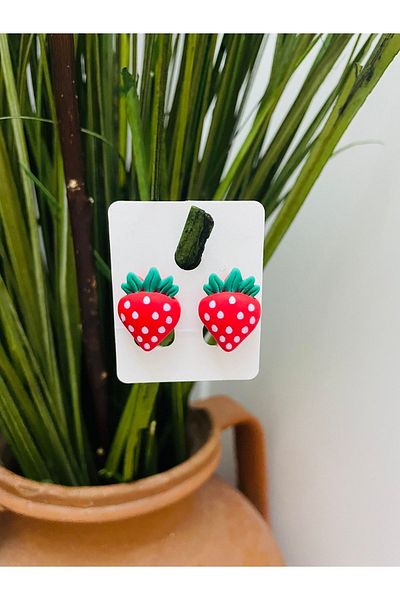 1PARÇAMAVİ Large Strawberry Earrings - Girl's Earrings with Non-Perforated Compression Clip