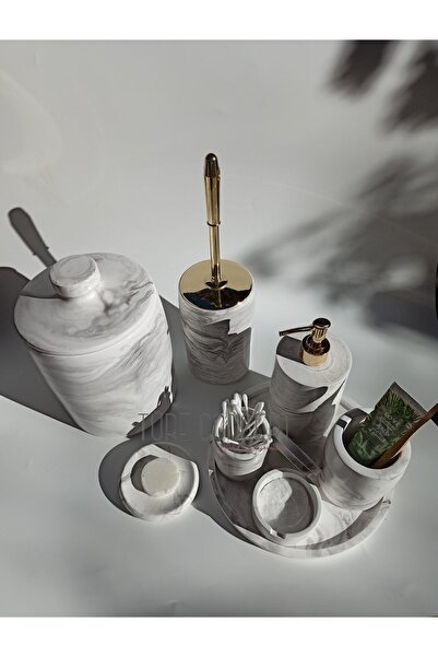 Ture Concept Σετ μπάνιου Marble Look Κάδος απορριμμάτων, βούρτσα τουαλέτας, δίσκος, θήκη σαπουνιού, βαμβακερή θήκη, θήκη για κελύφη