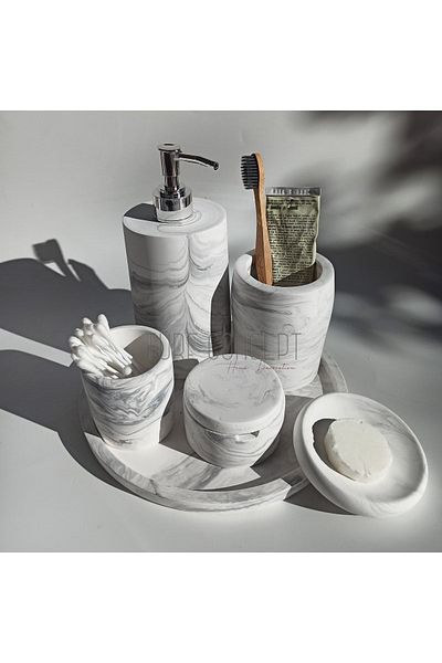 Ture Concept Marble Patterned Matte Liquid Soap Dispenser & Tray & Solid Soap Dispenser & Cotton Dispenser & Ear Cup