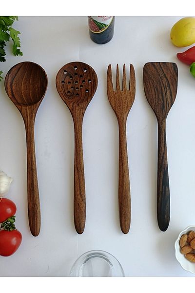 AYSAN Wooden Spoon Walnut Wood 4-Piece Spoon Fork Colander Spatula Set
