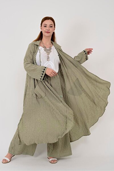 Hazinedan Set pantaloni și caftan de damă cu broderie din in - Zeyin Dalı