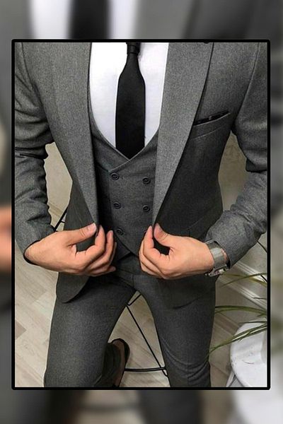 VALCES Men's Gray Slim Fit Vest Suit (LAPEL ORNAMENT - TIE GIFT)
