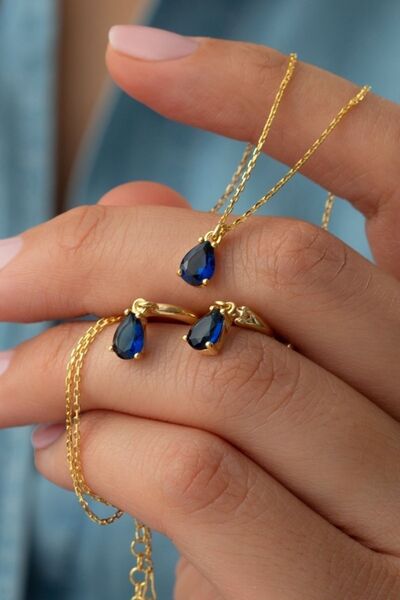 Silvano Jewelry 925 Ayar Gümüş Lacivert Taşlı Kolye-küpe Takı Seti