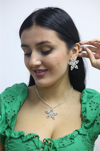 Enerji bijuteri Women's Clover Model Crystal Zircon Stone Silver Color Necklace Bracelet Evening Dress Dress Jewelry Set
